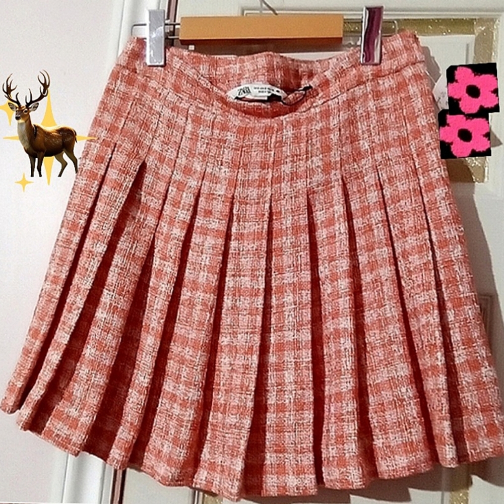 ZARA🐞Y2K Tweed Plaid Orange Cream Pleated Mini High Waisted Skirt Sz:S - Picture 9 of 9